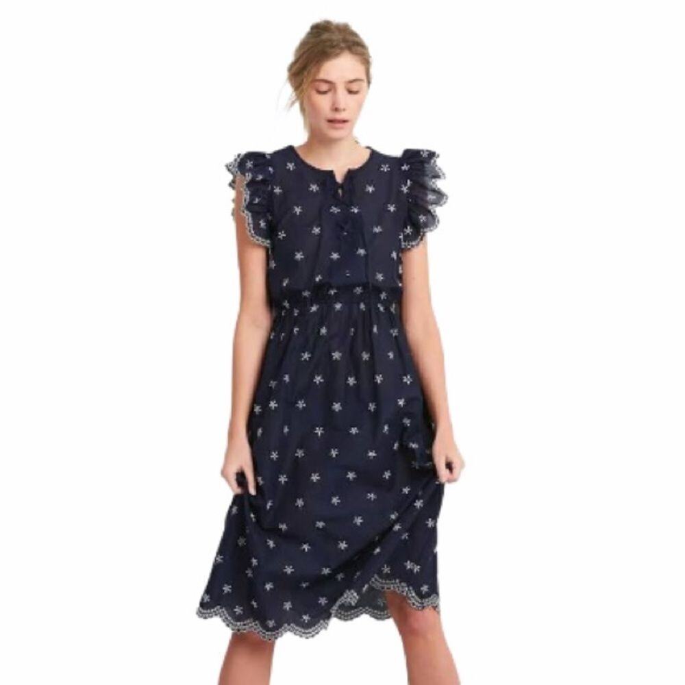 Gap‎ Navy Blue Ruffle Trim Eyelet Midi Dress